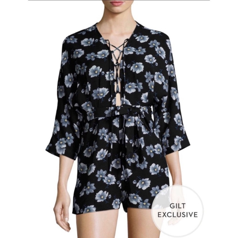 LUCCA Black Floral Lace Up V-Neck Boho Beachy Vacation ResortRomper Size XS
